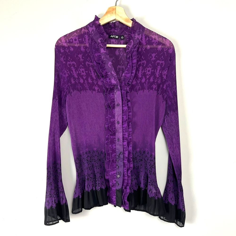 Fairy Purple Damask Sheer Pleated Ruffle Blouse XL Whimsigoth Witchy Bell Sleeve